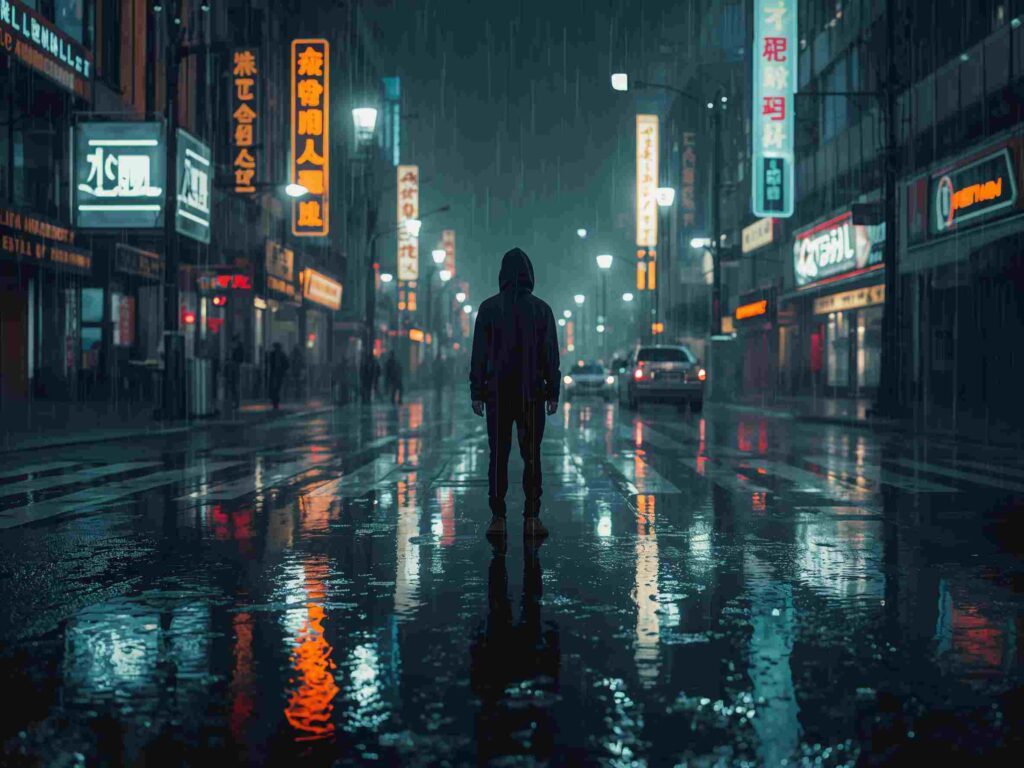 A moody photo showing a person reflecting on their 2025 highs and lows at night