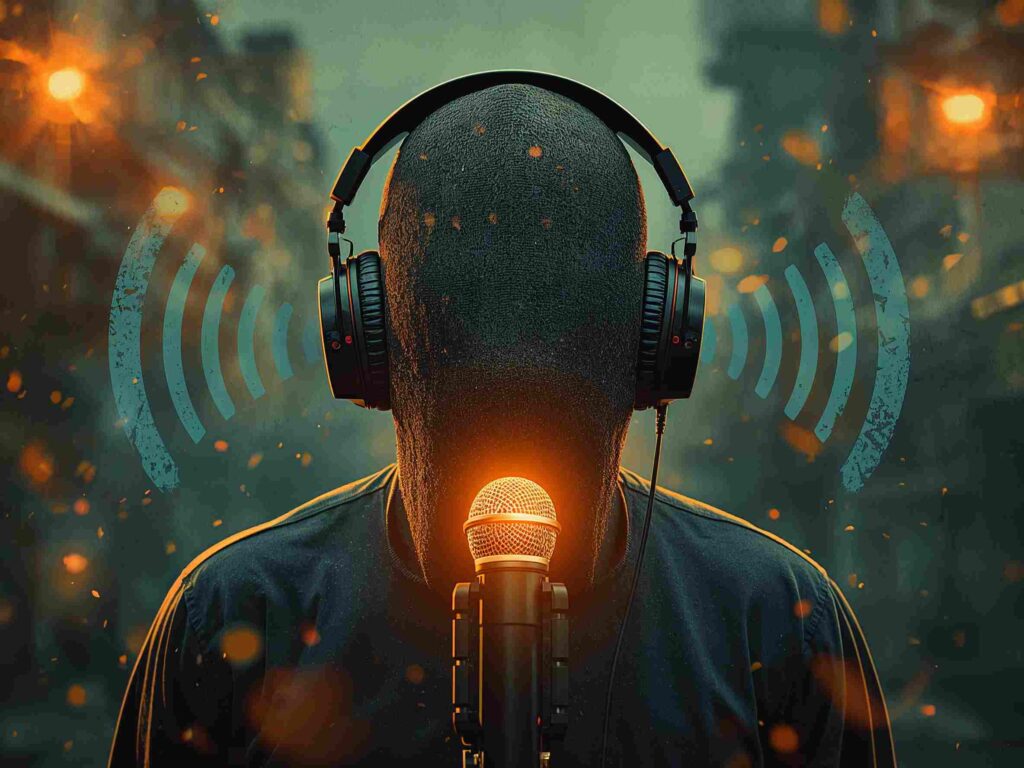 A faceless storyteller with headphones