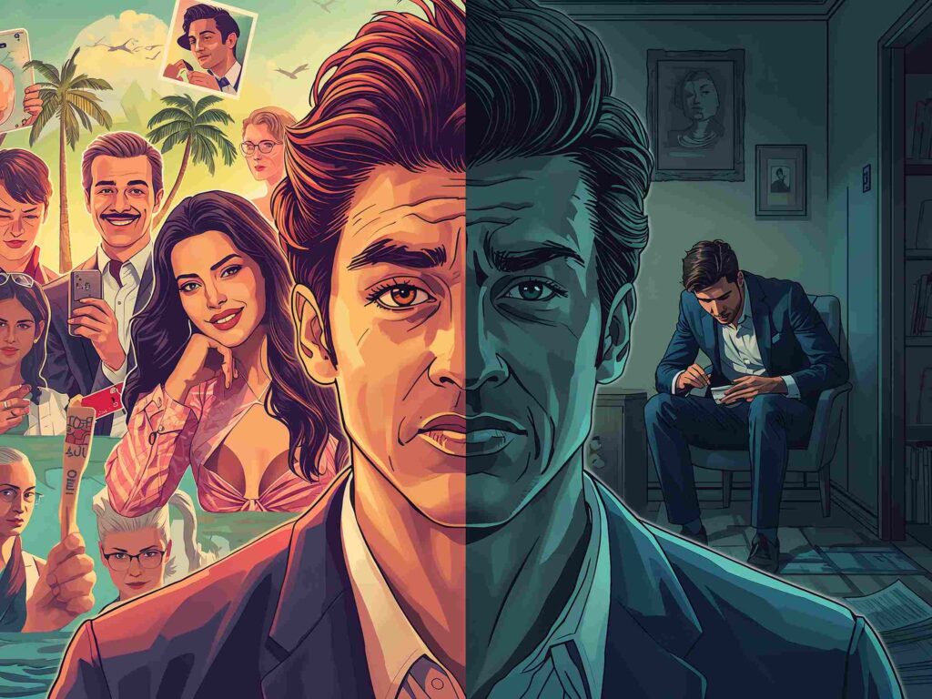 A split-scene illustration showing two contrasting worlds