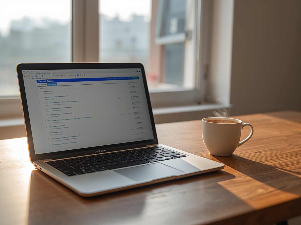 Laptop screen displaying a tidy job list on a wooden desk