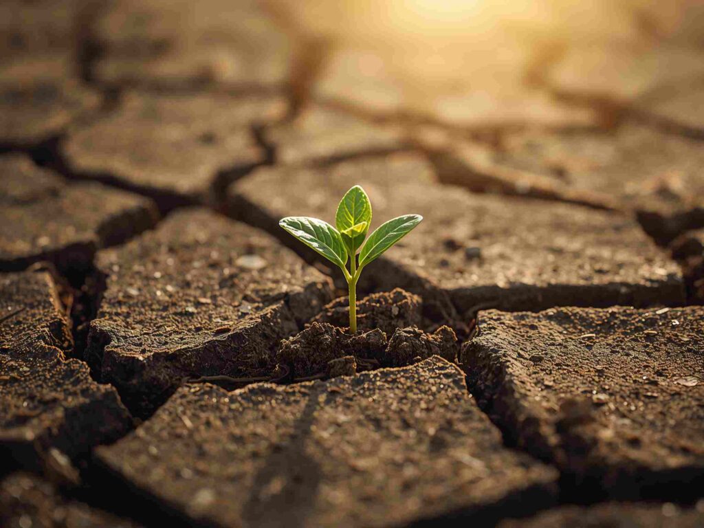 Seed growing slowly in dry cracked soil