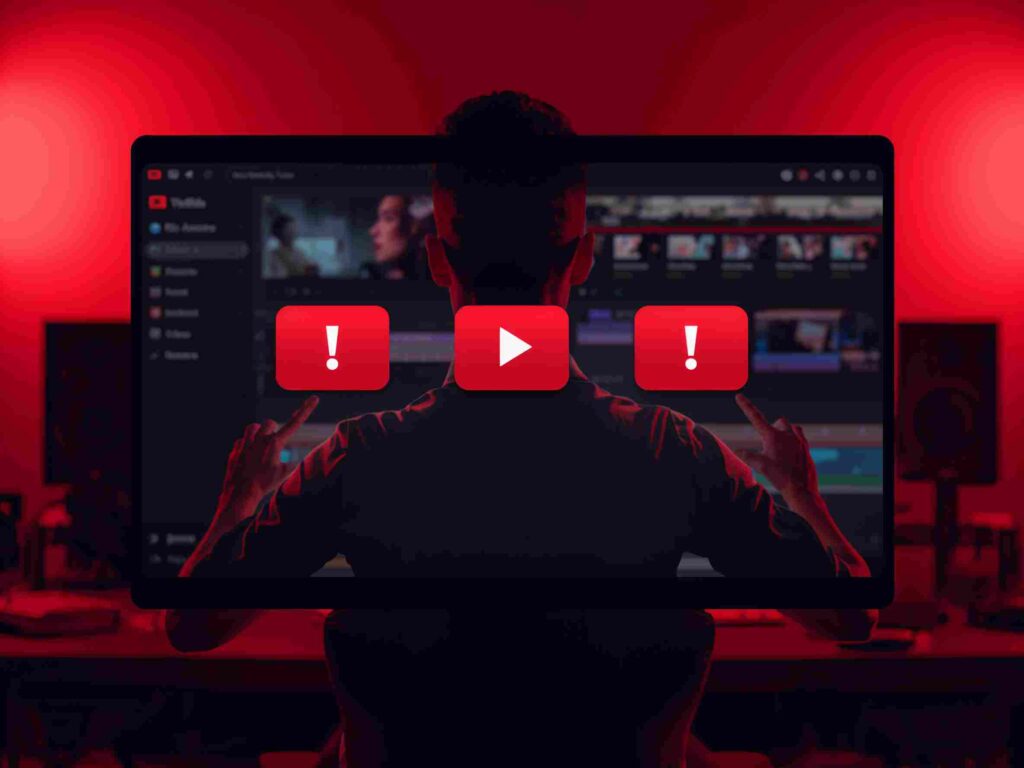 YouTube Studio dashboard on screen with three floating red warning icons