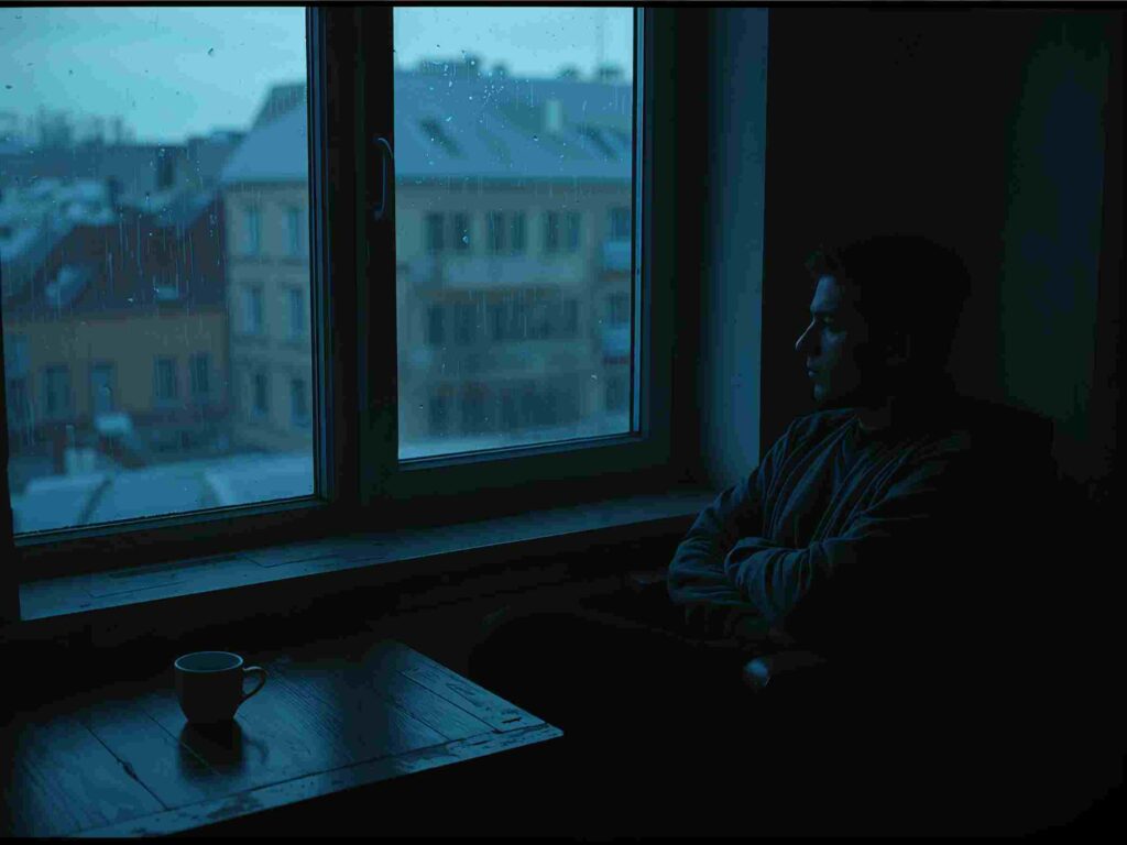 a lone person sitting by a rain-streaked window in a quiet